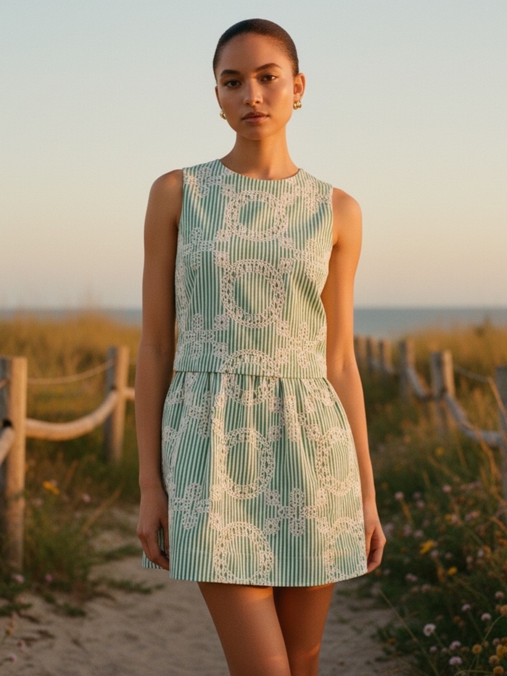 XXS Tuckernuck Hyacinth House Green Stripe Vintage Embroidery Paige Mini Dress